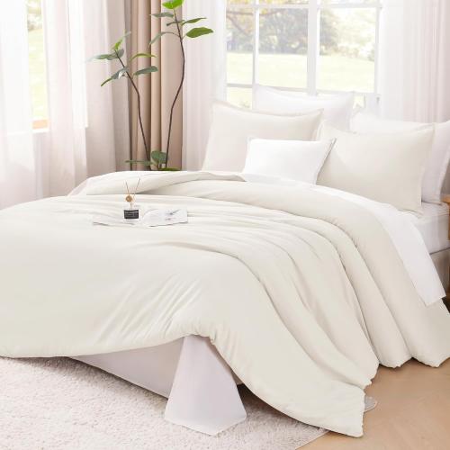 Litanika Ivory Comforter Set California King Size, 3 Pieces Cal King Lightweight Solid Bedding Comforter Set, All Season Fluffy Bed Set (104x96In Comforter & 2 Pillowcases)