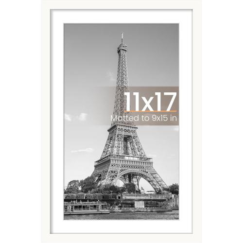 upsimples 11x17 Picture Frame, Display Pictures 9x15 with Mat or 11 x 17 Without, Wall Hanging Poster Frames, White, 1 Pack