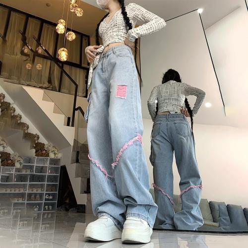 Grunge Y2K Goth Vintage Casual High Rise Loose Straight Wide Leg Pink Ripped Frayed Raw Trim Cargo Jean Pants large