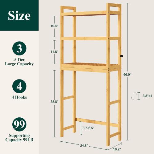 Smiry Over The Toilet Storage Cabinet, 3-Tier Bamboo Bathroom Organizers with Adjustable Shelf & 4 Hooks, Space Saving Shelf Rack for Bathrooms, Laundry Room, Balcony, Natural