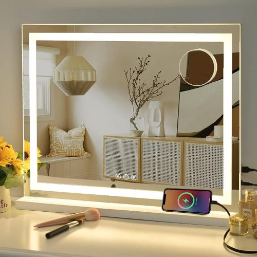 Sucedey 23 x 19 Vanity Mirror with Lights, Large Makeup Mirror with 3 Color Modes & Adjustable Brightness, Detachable 10x Zoom Mirror,Smart Touch Control,Plug in(Tabletop & Wall-Mounted)