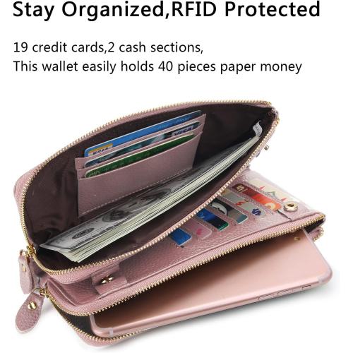 YALUXE Women's Genuien Leather Wristlet Handbag Wallet with 19 Card Slots Double Zipper Pockets for cash Cell Phone