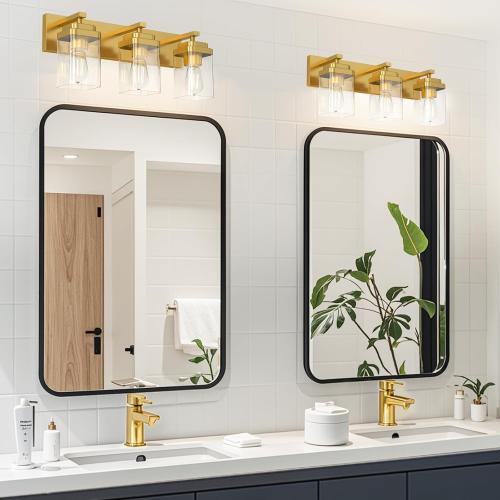 Brushed black Bathroom Light Fixtures, 3 Lights Bathroom Lighting Fixtures Over Mirror, Square Design & Rectangle Large Backplate, Modern Vanity Lighting Fixtures, for Living Room/Bedroom