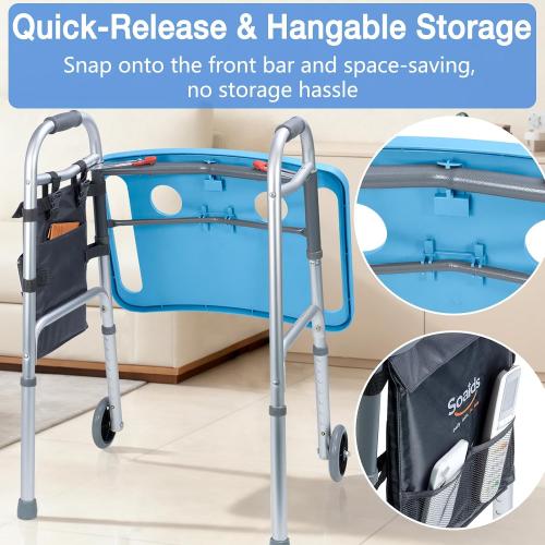 Walker Tray for Seniors with Dual Cup Holders & Side Pouch (Blue) | Durable Food & Drink Table, Lightweight with Non-Slip Pad, Compatible with Walker of 10210-1 Model