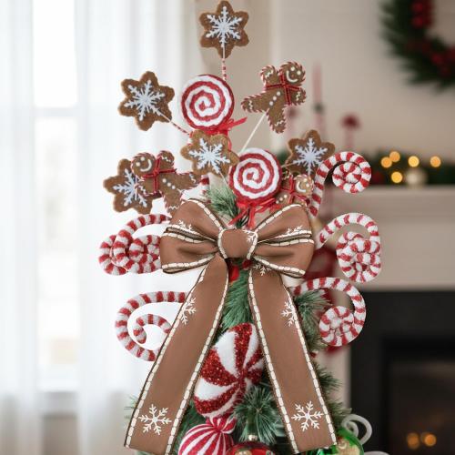 Jenaai Large Christmas Gingerbread Tree Picks and Spray 15.8 Christmas Tree Topper with Bow Felt Gingerbread Snowflakes Candy Canes Ornaments for Xmas Vase Filler Party Craft Wreath Home Decor