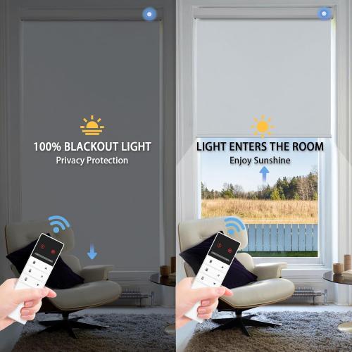 GREY Motorized Blinds with Remote Control, 100% Blackout Cordless Wireless Electric Window Roller Shade Matter Motor Over Thread Compatible with Alexa/Google Home/Homekit (Light Gray)