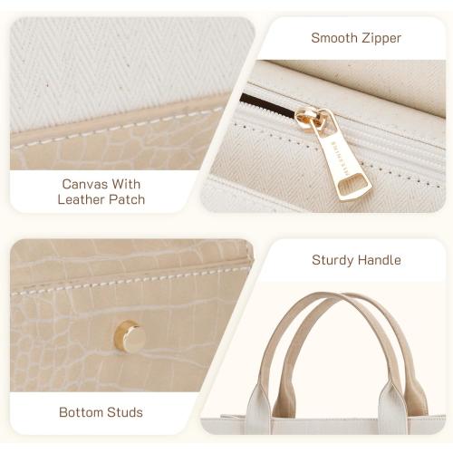 Missnine Tote Bag Canvas Laptop Bag 15.6 inch Briefcase for Women Large Capacity Handbag for Office, College, Travel (Croc-embossed Light Khaki)