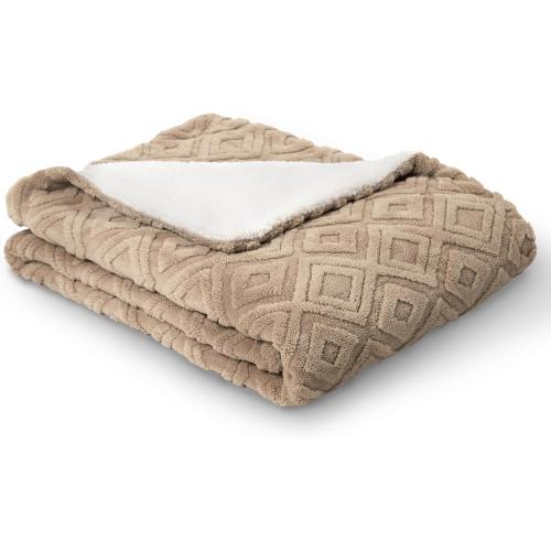 EVERGRACE Jacquard Boho Sherpa Fleece Throw Blanket for Couch, Super Soft Cozy Fuzzy Plush Blankets for Winter, Reversible Thick Warm Blanket for Bed, Sofa, Living Room, Khaki Tan, 60 x 80