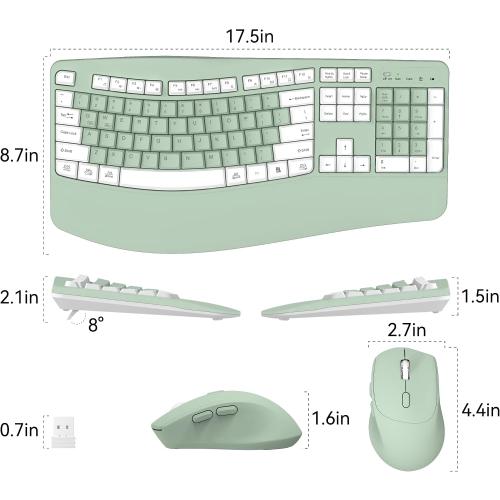 Wireless Keyboard and Mouse Combo,2.4G Full Size Wave Keys Ergonomic Keyboard with Wrist Rest for Natural Typing, 3 DPI Adjustable Ergonomic Mouse for Computer/Laptop/Windows/Mac (Avocado Green-A)
