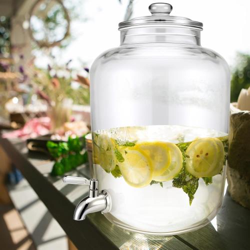 Glass Water Dispenser Countertop with Glass Lid and Stainless Steel Spigot Beverage Drink Dispenser Airtight Leakproof Large Jug for Summer Outdoor Party Juice Kombucha