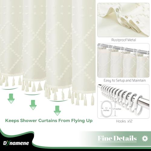 Dynamene Extra Long Shower Curtains, 84 Inches Long Boho Tufted Geometric Striped Fabric Shower Curtains for Bathroom, Tall Shabby Chic Waterproof Cloth Shower Curtain Set with Hooks, Cream, 72x84