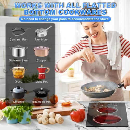 2 Burner Electric Cooktop 2000W, Portable Ceramic Glass Hot Plate 12 Inch, 110V Plug in Electric Stove Top Burner, Built-in & Countertop Burner with Touch Control, 9 Power Levels