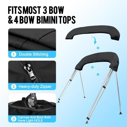 Bimini Tops for Boats, Black 3 Bow L6' x W54-60 x H46, 900D Polyester Bimini Top, 2 Rear Support Poles and Storage Boot, 4 Adjustable Nylon Straps