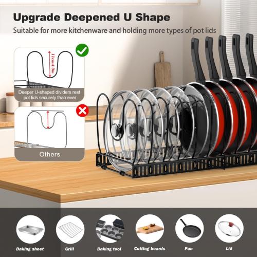 Housolution Pot and Pan Organizer Rack for Cabinet, Expandable Pot Lid Organizer Holder with 14 Adjustable Dividers, Fully Expanded Size 22.83 W x 7.09 D x 7.09 H, Black