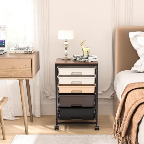 Utility Cart with 5 Drawers,Storage Drawer Cart with Wooden Tabletop and Lockable Wheels,Craft Storage Trolley Cart,5-Tier Rolling Utility Cart on Wheels,Dark Brown