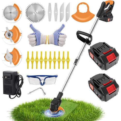 Electric Weed Wacker Cordless stringless,Grass Trimmer,with 2 Batteries, 1 Charger, 3Types Blades, Weed Wacker Eater Battery Powered Lightweight Battery Weed Trimmer for Yard and Garden