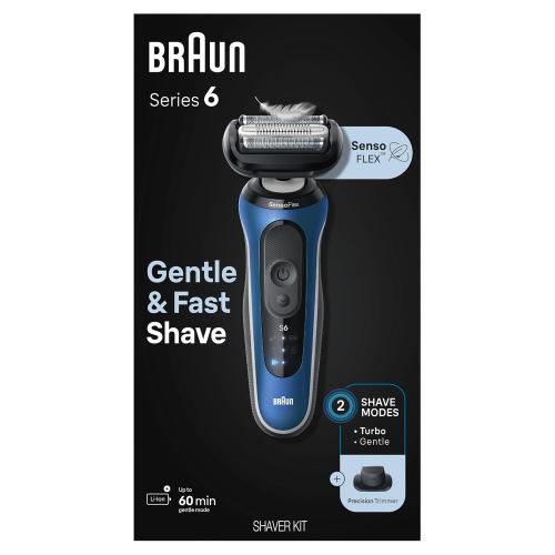 Color Blue Braun Electric Shaver for Men, Series 6 6120s, Wet & Dry Shave, Turbo & Gentle Shaving Modes, with Precision Trimmer & Pouch, Blue
