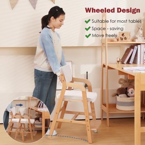 Swegrow Wooden High Chair with 2 Wheels, Adjustable Seat - Backrest - Footrest Heights, Wooden High Chair for Toddlers - Kids and Baby, Kids Dining Chair with Removable Cushion(Beige)
