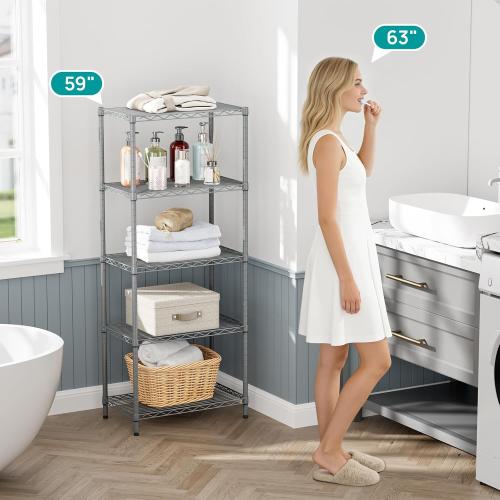 SINGAYE 5 Metal Shelves Wire Shelving Storage Shelf Adjustable Unit Pantry | 5 Tier Kitchen Laundry Room Organization Home Pantry Closet Bathroom Organizers Garage Rack 14 D x 24 W x 59.5 H Gray