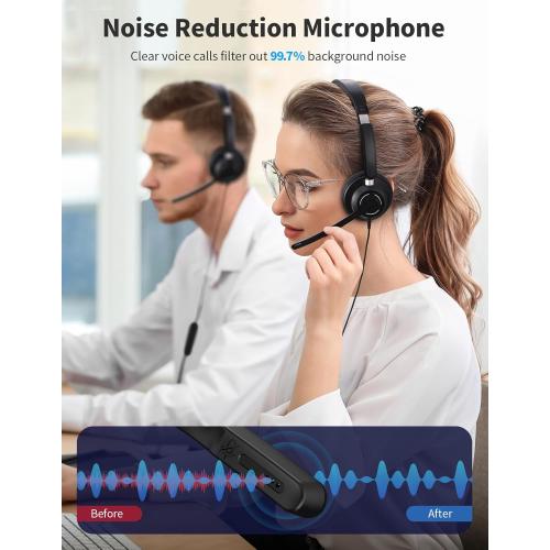 BLACK USB Headset with Microphone for PC, Wired Headphones with Noise Cancelling Mic, Computer Headset with in-line Controls, 3.5mm & USB Plug for Zoom, Skype, Call Center, Office Use, Black