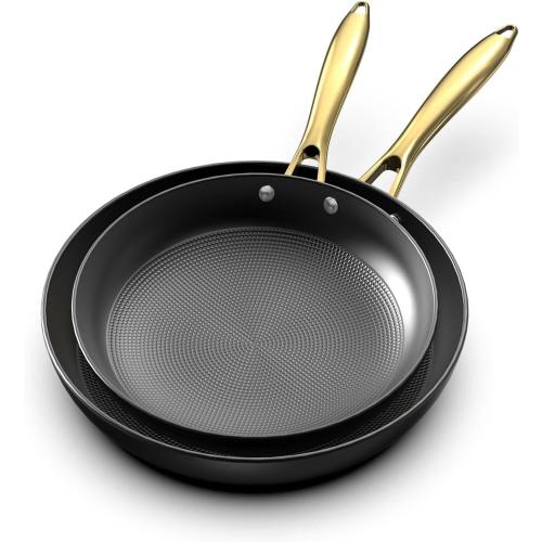 imarku Non Stick Frying Pans, 10 & 12 Inch Cast Iron Skillets with Honeycomb Surface, Oven Safe & Induction Compatible, Ergonomic Stay-Cool Handle, Gold