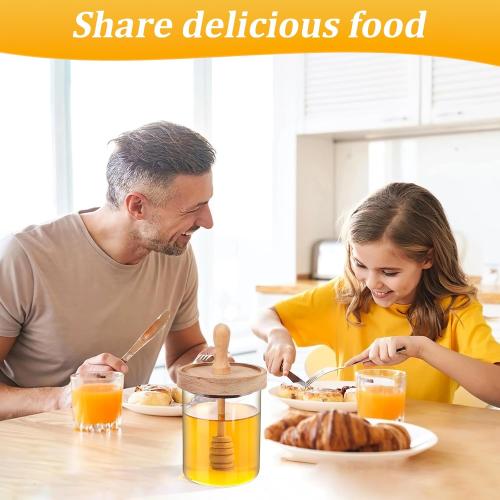 12 Oz Honey Jar with 2 Wooden Dippers and Lid,Honey Pot Dispenser,Clear Glass Honey Container for Home Kitchen,Store Honey and Syrup,Easy to Clean