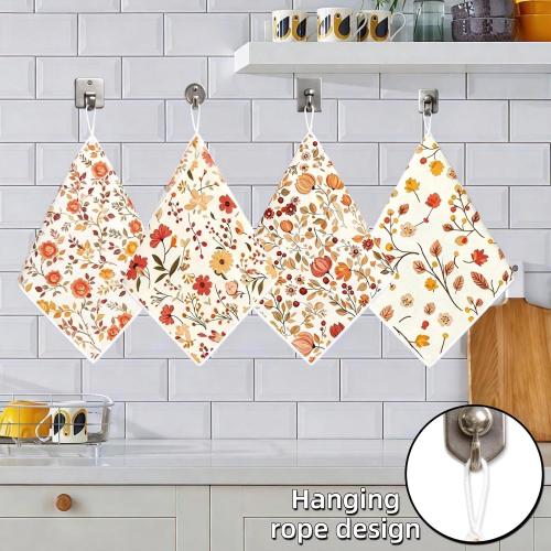 Kitchen Dish Cloths,4-Pack Reusable Soft Dishcloths with Hanging Loop,11.8×11.8in Kitchen Towels,Microfiber Hand Towels,Home Decoration,for Housewarming Gifts-Autumn Floral