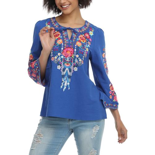 YZXDORWJ Women's Mexican Long Sleeve Blouse Embroidered Traditional V Neck Top Boho Tunic