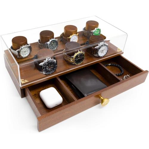 Holmes and Hadfield Wooden Watch Case, 2-Tier Watch Display Case Watch Box for Men, Watch Display Stand with Drawer Watch Collection Storage Watch Holder, brown