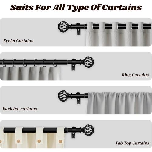 Curtain Rods for Windows 48-90 Inch(4-7.5Ft), Matte Black Decorative Curtain Rod Adjustable, Heavy Duty 1 Inch Drapery Rod for Living Room Bedroom Kitchen