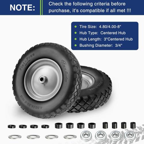 MaxAuto Wheelbarrow Tires 4.80 4.00-8 Flat-Free 4.80/4.00-8 Tire and Wheel w/Grease Fitting, 3 Centered Hub, 3/4 Bearings, 4.80 4.00-8 Tire for Hand Truck, Trolley, Garden Cart, Wagons, Gray