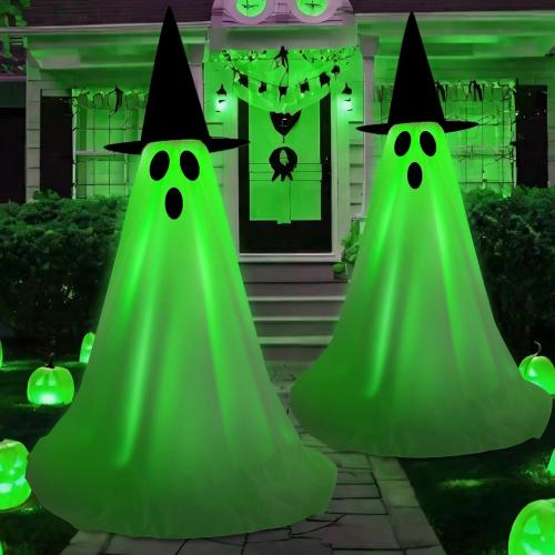 Halloween Light Up Ghost Kit - 2 Pack DIY Halloween Decorations Spooky Ghost Decor with 20 LED Lights Battery Operated,Adjustable Height,Hat,for Outdoor Indoor Porches Yards Gardens Lawn (Green)
