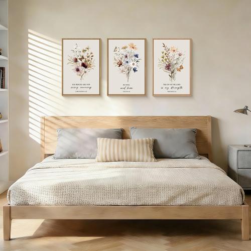 Boho Christian Floral Scripture Wall Art Set of 3, Bible Verse Flower Painting, Religious Wildflower Artwork for Living Room, Bedroom, Fireplace, Modern Botanical for Home Decor- 24X36