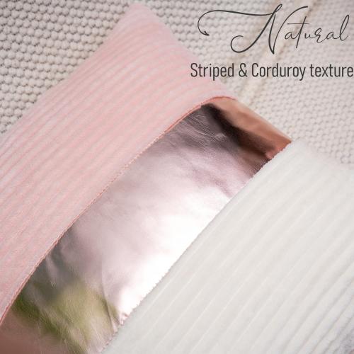 Pink and Cream White Boho Striped Corduroy Throw Pillow Covers with Gold Leather Patchwork 20x20 Inch, Pack of 2, Double-Sided, Soft Home Decorative Pillows for Couch and Living Room
