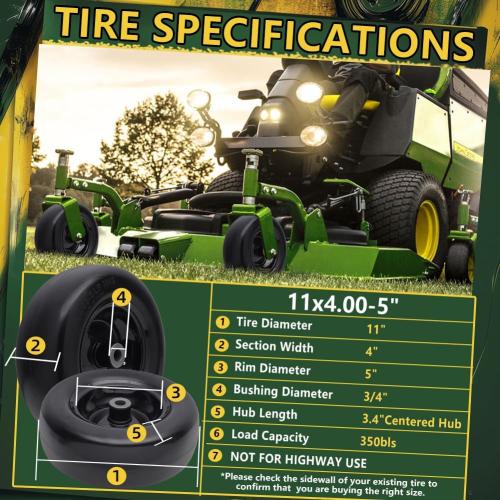 Black 11x4.00-5 Flat Free Tire and Wheel (2 Pack),Universal 11x4-5 Solid Smooth Tractor Turf Tire with Rim, 3.4 Centered Hub and 3/4 & 5/8 Bushing, For Zero Turn Mowers and Riding Lawn Mower