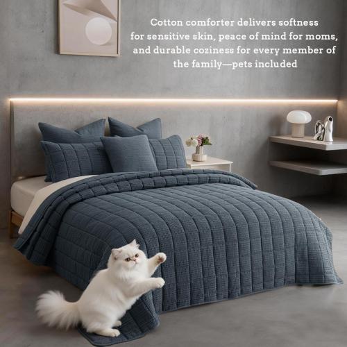 3 Pieces Oversized Cotton Quilt Set Super King Comforter with Pillow Shams 120x120 Ultra Soft Lightweight Bedspread Waffle Weave Quilted Bed Coverlets for All Season, Grey Blue