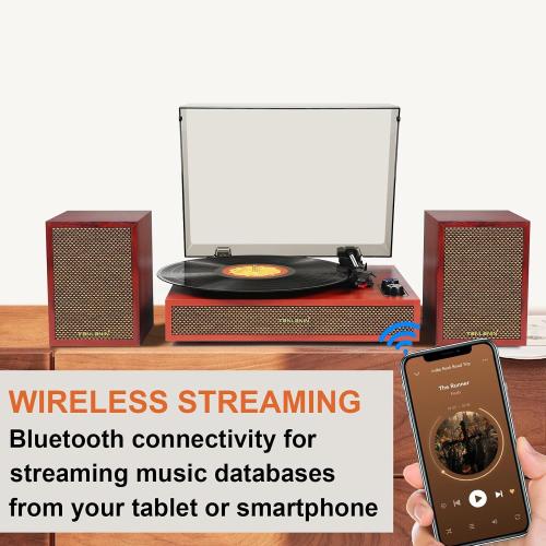 Vinyl Record Player with Dual External Speakers, 3 Speed Vintage Stereo Turntable for Vinyl Records, Bluetooth Input, Auto Stop & Belt Driven System, RCA Out and Aux in