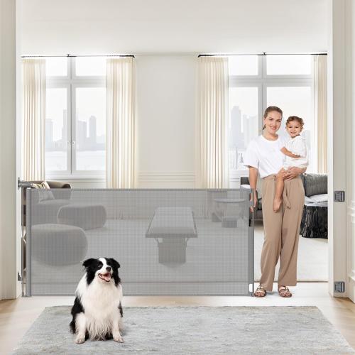75-Inch Wide Retractable Baby Gates No Drilling, Retractable Pet Gate Extra Wide Baby Gate for Stairs No Drilling Dog Gate Retractable Indoor Stair Gate for Kids and Pets, Indoor & Outdoor, Gray