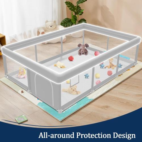 Grey Playpen for Babies and Toddlers, Play Pen Indoor & Outdoor Active Center, Sturdy Safety Playard with Anti Slip Suction Cups, Skin-Friendly Fabric, Large Space Baby Fence