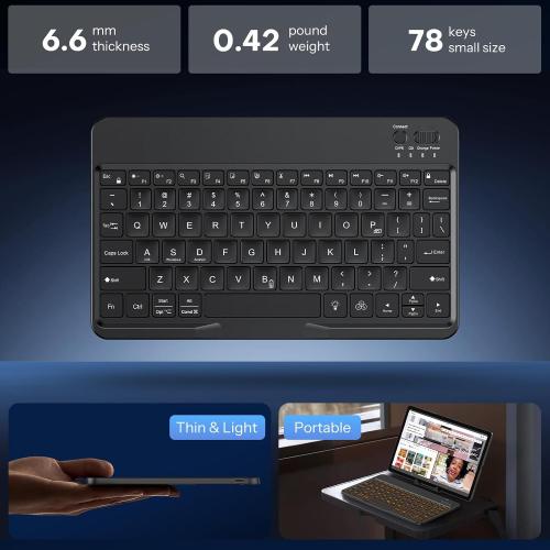 OMOTON Bluetooth Keyboard for Tablet/Android/Windows/iOS, with 7 Colors Backlight Rechargeable Wireless Mini Keyboard for Galaxy Tab A9  / S9 FE / S10 / S11 / A11 Series etc, Black