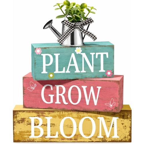 GlikCeil 4 Pcs Spring Table Decoration Spring Tiered Tray Decor Plant Grow Bloom Wooden Kettle Block Sign Farmhouse Rustic Table Decor Wood Tabletop Centerpiece for Home Desk Kitchen Shelf Decors
