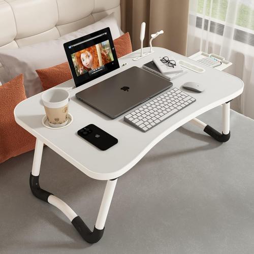 Portable Laptop Stand for Bed with Cup Holder, USB Fan, Night Light，Storage Drawer, Foldable Legs, Tablet Stand for Bed Sofa (Black Brown)