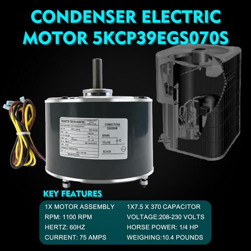 Condenser Motor Replaces Carrier # 5KCP39EGS070S, HC39GE237, 5KCP39EGY823S, Genteq GE3905, Dayton 6DLL0, Bryant Payne HC39GE234A etc AC/Air Conditioner, 1/4HP 1100 RPM with Capacitor, 3-Year Warranty