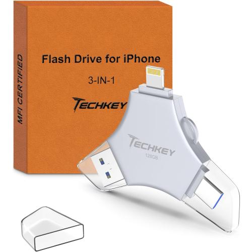 MFi Certified USB 3.0 Flash Drive 128GB for iPhone, 3in1 External Memory Photo Keeper Storage Stick for Picture/Video/Data Saver/Backup, High Speed Thumb/Jump/Hard Drives for iPhone/iPad/Android/PC