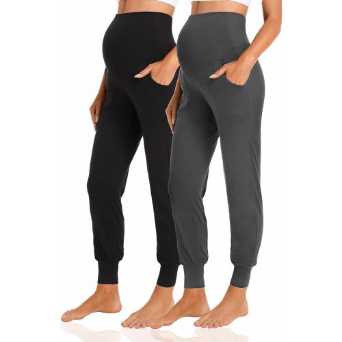 V VOCNI 2pk Women's Large Black and Gray Maternity Pants Maternity Activewear Jogger Track Cuff Sweatpants Over The Belly Stretchy Pregnancy Pants