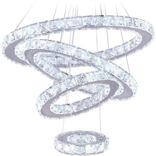 Silver With 4r Cool White LED Chandeliers, Modern Crystal Chandelier Dining Room Living Room LED Ceiling Pendant Light 4 Rings Adjustable Stainless Steel Contemporary Chandeliers (4r Cool White)