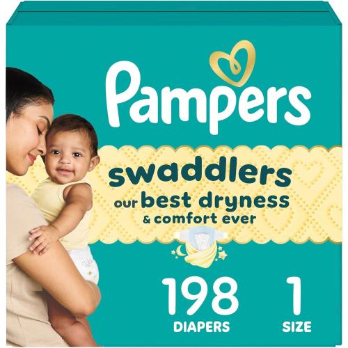 Pampers Swaddlers Diapers, Size 1 (8-14 lbs), 198 Count, Hypoallergenic, Absorbent, Keeps Baby Dry and Comfortable, Skin Safe Disposable Newborn Baby Diaper