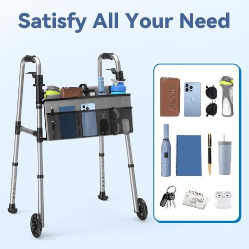 Folding Walker with Basket and Glide Skis, 5 Wheels Lightweight Walkers for Seniors and Adults, Supports Up to 350 Pounds, Adjustable Height, Compact Standard Walker