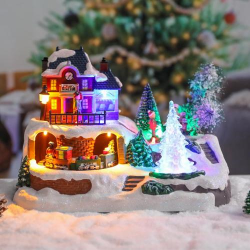 WONDER GARDEN Christmas Village Houses-Christmas Houses Village - Lighted Musical Railway Station Moving Train Town Sets with Revolving Acrylic Trees Animated Figurines for Indoor Decor or Gift