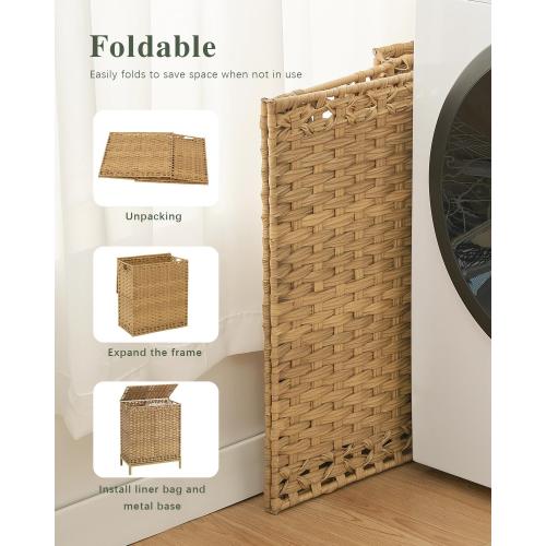 Laundry Hamper with Lid, 112 L Handwoven Rattan Wicker Laundry Basket, 2 Removable Liner Bags Metal Heightened Feet, 6 Mesh Bags, 2 Section Large Clothes Hamper for Bathroom Bedroom, Natural